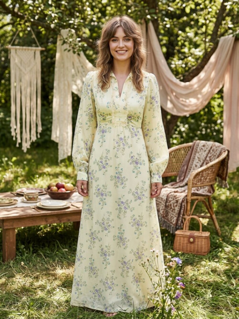 Vtg 70s ditsy floral hippie boho long sleeve prairie wedding dress
